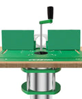 Boss Tier Router Table Lift System With Heavy Duty Aluminum Insert Plate For 65 Mm Motors top view showing green surface and handle.