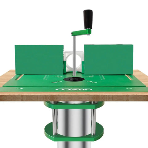Boss Tier Router Table Lift System With Heavy Duty Aluminum Insert Plate For 65 Mm Motors top view showing green surface and handle.