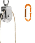 Set Of Two Heavy Duty Sheave Track Pulleys Crafted From Real Deal 304 Stainless Steel With Zero Drag Ball Bearings And A Slick 360 Rotating Ring Built Tough For Smooth Wire Rope And Sliding Door Track Runs Slot Width 25 Millimeter, showcasing a stainless steel pulley with rope.