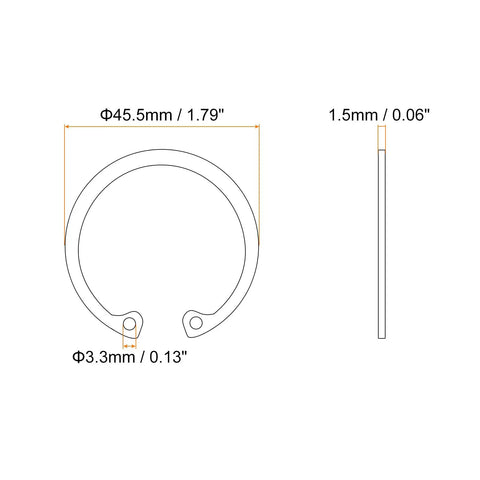 Diagram showing 20 Piece Premium 304 Stainless Steel Internal Retaining Ring Circlips dimensions 45.5mm diameter, 1.5mm thickness.