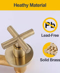 Focus on double cross handle of Wall Mounted Brushed Gold Bathroom Sink Faucet With Solid Brass Construction showing lead-free material.