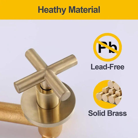 Focus on double cross handle of Wall Mounted Brushed Gold Bathroom Sink Faucet With Solid Brass Construction showing lead-free material.