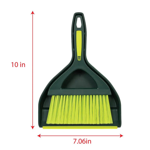 Mini Dustpan And Brush Set With Snap On Nesting Design Compact Portable Handy Broom in green showing dimensions 10x7.06 inches
