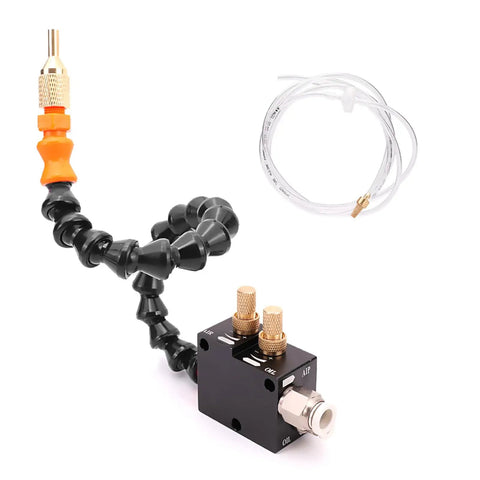 Heavy Duty Acid Resistant Coolant Sprayer With Adjustable Nozzle And Slick Mist Setup For Drill Presses and Workshop Lubrication with flexible arm and connectors.
