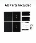 All parts for Universal Desktop Speaker Stands 7.9 By 6.5 Inch Pair, including plates and screws, displayed on white background.