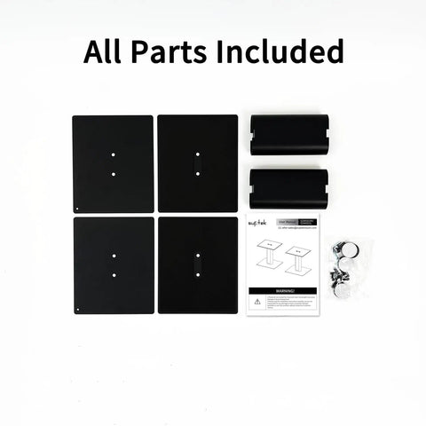 All parts for Universal Desktop Speaker Stands 7.9 By 6.5 Inch Pair, including plates and screws, displayed on white background.