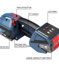 Heavy Duty Electric Strapping Gun Featuring Dual 4000mAh Batteries for Half To Five Eighth Inch PP PET Plastic Bands with LCD panel and buttons.