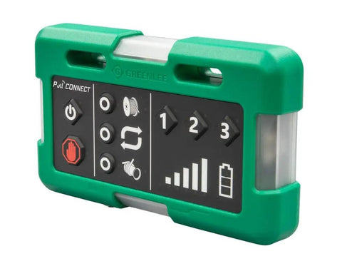 Three Piece Wireless Cable Pulling Signal System With Magnets And Bright LED Visuals For Noise Free Jobsite Comms showing control panel with buttons.