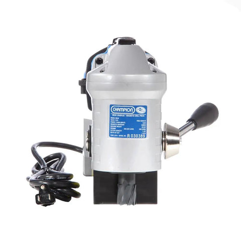 Lightweight Portable Magnetic Drill Press Built Like A Tank With Massive 3300 Lbs Pull Force And Compact Low Profile Design For Hassle Free Metalworking Up To One Three Eighths Inch Diameter front view showing the motor and control handle.
