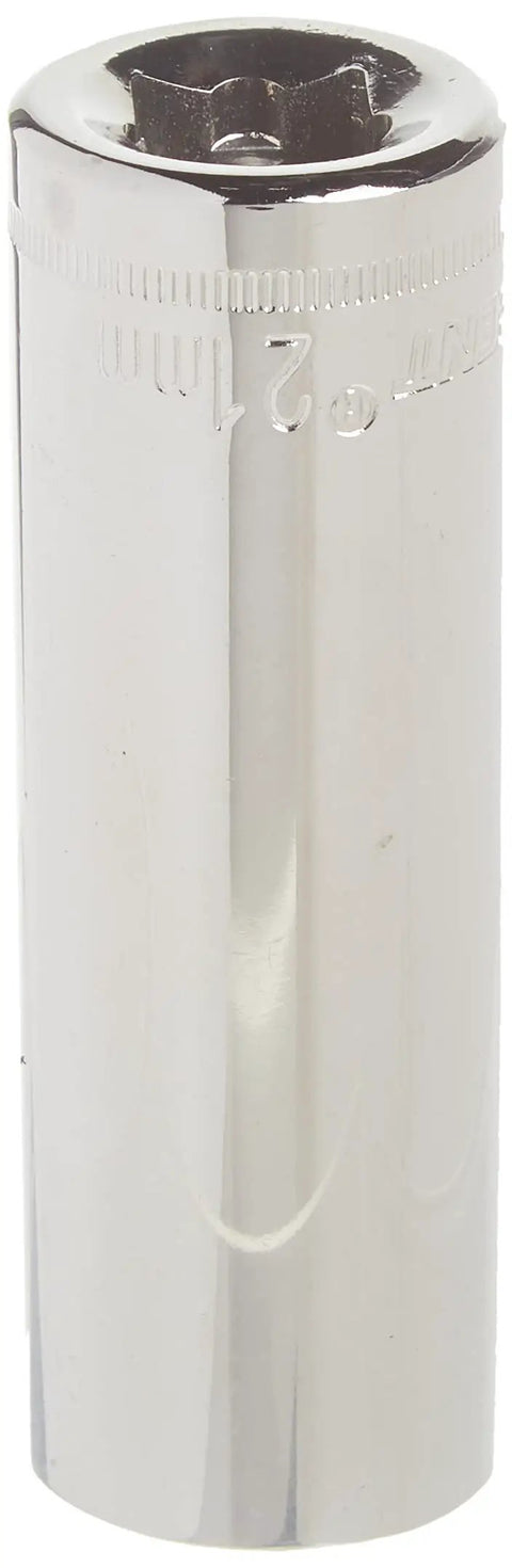 Half Inch Drive 6 Point Deep Metric Socket 21mm Premium Chrome Vanadium Steel With Nickel Chrome Finish, side view