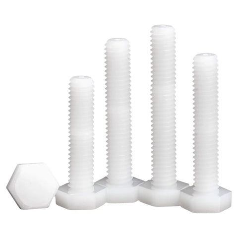 Top Shelf M8x15 Nylon Hex Head Screw Bolt Nut And Washer Assortment Kit 10 Piece Pack showing white nylon screws and hex nuts.
