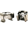 Rugged 304 Stainless Steel Square Clip Floating Cage Nuts For Server Rack And Cabinet Mount M10 Threaded Hardware Fasteners 2 Piece Pack viewed from front and side.
