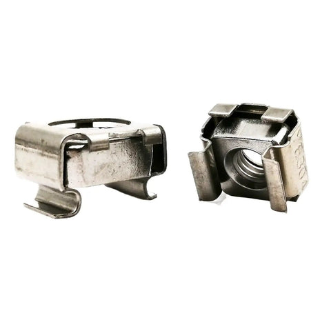 Rugged 304 Stainless Steel Square Clip Floating Cage Nuts For Server Rack And Cabinet Mount M10 Threaded Hardware Fasteners 2 Piece Pack viewed from front and side.