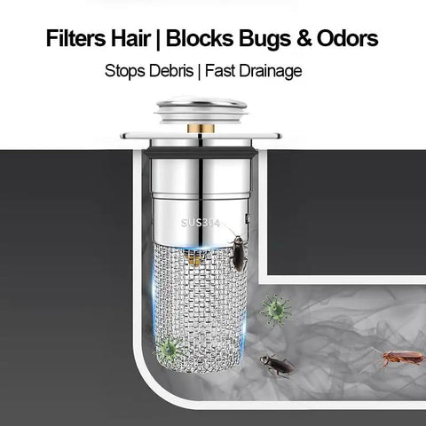 Heavy Duty Bathroom Sink Stopper Strainer With Removable Stainless Steel Filter Basket Stops Hair And Gunk Keeps Drains Clear For Easy Pop Up Replacement That Chews Daily Mess Without Breaking A Sweat, showing stainless steel filter with hair and debris.