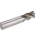 Side view of a silver 4-flute helical end mill with straight shank.