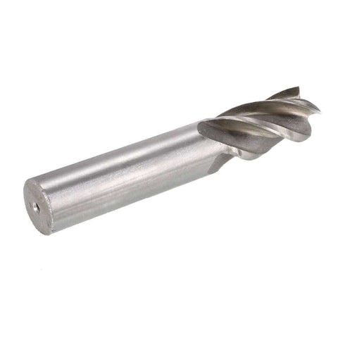 Side view of a silver 4-flute helical end mill with straight shank.