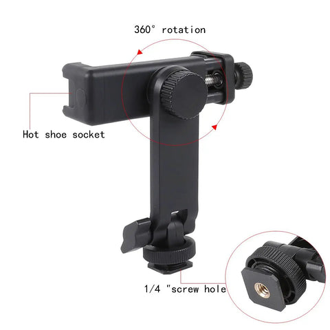 Universal Phone Tripod Mount Adapter with 360 Degree Rotation for Hot Shoe Cameras and DSLRs, 1/4 Inch Screw detail view