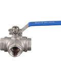 Top Shelf Three Way Stainless Steel Ball Valve With T Type Design For Plumbing And Gas Lines Built Tough As Nails To Deliver Corrosion Resistant Flow Without Any Drama, 20 mm diameter, 3/4 in female threads.