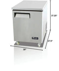 Straight Up 27 Inch Under Counter Work Top Freezer With Slick Stainless Steel Build, 30 inch height, ideal for garage use.