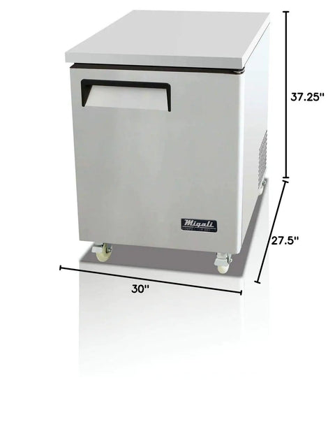 Straight Up 27 Inch Under Counter Work Top Freezer With Slick Stainless Steel Build, 30 inch height, ideal for garage use.