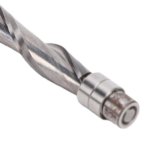 Heavy Duty 1/4 Inch Flush Trim Router Bit With Up Down Spiral Design And Tungsten Carbide close-up showing spiral design and bearings.