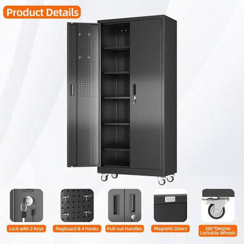Heavy Gauge Steel Rolling Garage Storage Cabinet With Full Pegboard Door Cruises Easy While Securing All Your Grease Monkey Power Drill Paint Can Gear Securely