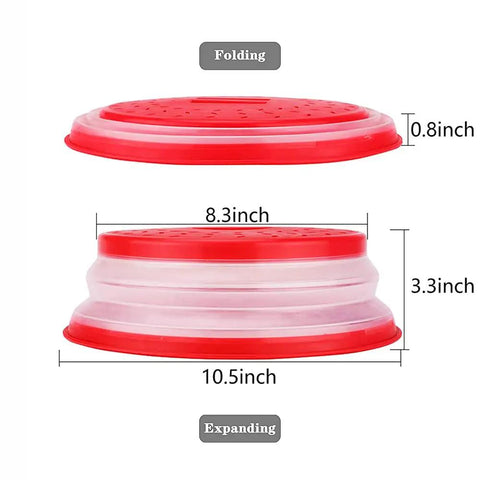 Red Collapsible Microwave Splatter Cover With Easy Grip Handle BPA Free TPR And PP Dishwasher Safe 10.5 Inch dimensions diagram