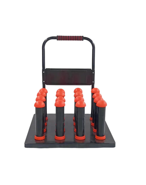 Front view of Vinyl Roll Storage Cart With Handle Mobile 16 Roll Capacity Heavy Duty Digital Media Stand Holds 3 Inch Core Rolls