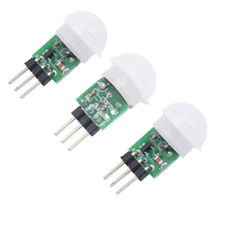 Three Pack Dope AM312 Pyroelectric PIR Motion Sensor Module for DIY Projects, showing compact design and plug-and-play capability.