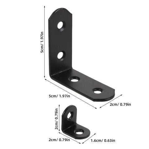 Heavy Duty L Shaped Corner Braces Set 20 Pack Two Sizes 90 Degree Shelf Supports For Cabinets Desks Bookcases And Other Furniture Ultra Strong Metal Bracket Mounts For Rock Solid Joint Reinforcement showing dimensions of black metal brackets