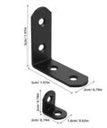 Two sizes of black metal L-shaped brackets with measurements from Beefy Heavy Duty L Shaped Corner Braces Set, 20 Pcs Metal Shelf Mount Brackets