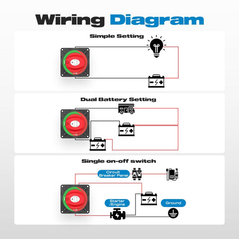 Wiring diagram for Beefy 600A Battery Disconnect Switch 12 To 48V Heavy Duty Master Isolator Cutoff in various settings