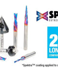 Eight Piece Heavy Duty Cnc Router Bit Set With Badass Micro Thin Ceramic Coating For Insanely Clean Cuts And Rock Solid Grip Perfect For Shop Projects Includes Quarter Inch Shank In Stackable Case, featuring colorful coated bits.