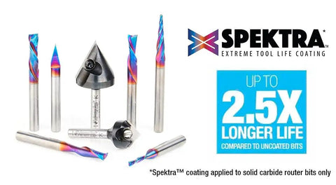 Eight Piece Heavy Duty Cnc Router Bit Set With Badass Micro Thin Ceramic Coating For Insanely Clean Cuts And Rock Solid Grip Perfect For Shop Projects Includes Quarter Inch Shank In Stackable Case, featuring colorful coated bits.
