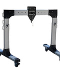 Portable Aluminum Gantry Crane And Adjustable Two Post Shop Hoist With Rock Solid Heavy Duty Frame Rated For 4400 Lbs standing on wheels.