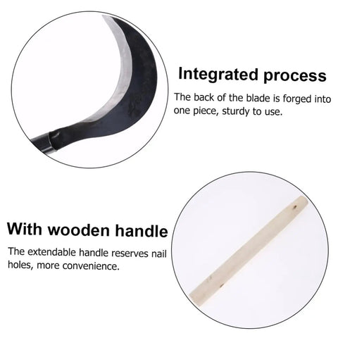 Grass Scythe With Manganese Steel Blade And Long Handle For Easy Weeding And Lawn Care showing integrated blade and wooden handle