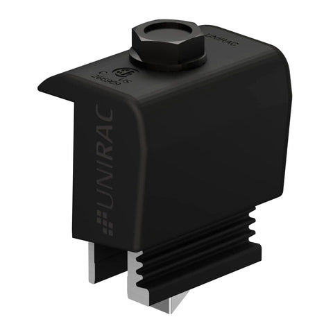 Heavy-Duty Dark Solar End Clamps Secure PV Modules 30 To 46 mm Widths With Sleek Low-Profile Hardware And Effortless One-Tool Mounting While Providing Rock-Solid T-Bolt Engagement For Flawless Universal AF Rail Integration Packaged In Case Of 20, showing black clamp with a bolt and ridged base.