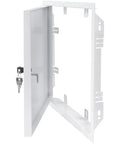 Rock Solid 12 x 12 Inches White Galvanized Steel Access Panel For Drywall with key lock open for plumbing or HVAC access.