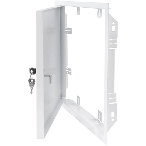 Rock Solid 12 x 12 Inches White Galvanized Steel Access Panel For Drywall with key lock open for plumbing or HVAC access.