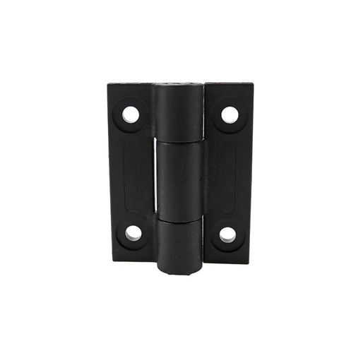Flat open torque hinge, black, screw-hole mounting, front view