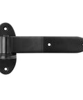 Heavy Duty T Strap Gate Hinges Four Pack Black Finish Lifting Barn Door Hardware close-up of a black hinge with a smooth finish.