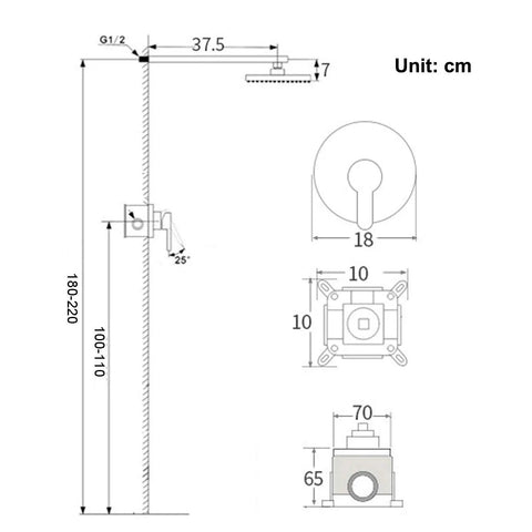 CUTPOIY Luxury Chrome Concealed Shower System - Round Wall-Mounted Rain Shower Set with Brass Mixer dimensions diagram in centimeters.