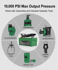 Diagram of 10,000 Psi Air Hydraulic Pump with Foot Pedal and Six Point Six Foot Hose surrounded by compatible machines
