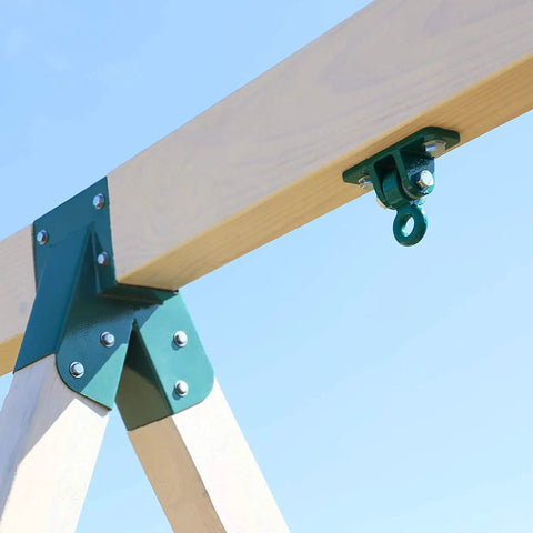 Beefy 10000 Lb Heavy Duty Swing Hanger Set For Indoor Outdoor Swing Sets showing green iron hanger on wooden beam