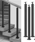 Top Shelf Square Wrought Iron Baluster Posts Built Like A Tank Black Powder Coated Banister Rails For Outdoor Deck And Staircase Project 4 Pack 39 Inch Height Smooth Finish Railing Kit displayed on sleek staircase.