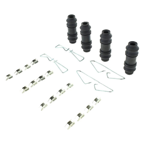 Front brake pad hardware kit with four black rubber pin boots and metal retaining clips