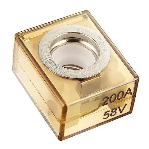 Heavy Duty 200A MRBF Terminal Fuse With Badass Durability And No Fuss Marine Battery Protection 58V DC Max IP66 Waterproof Circuit Guard For Cars RVs And Charging Units Pack Of Two in clear plastic casing.