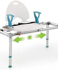 Heavy Duty Sliding Bathtub Transfer Bench 450lbs With Backrest And Arms, showing anti-slip frame and drainage holes