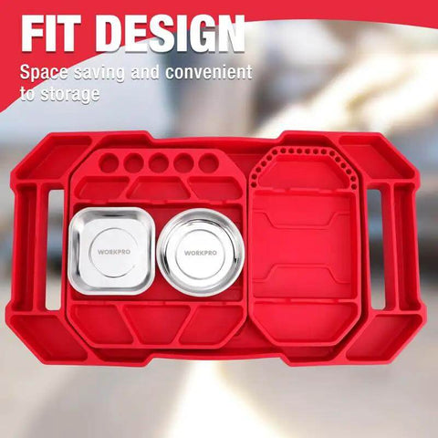 Top view of 5-Piece Non-Slip Tool Tray Set With Silicone Tool Mats And Magnetic Parts Trays for garage organization