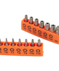 Get Your Hands On A Sweet Set Of 14 Torx Bits, Each One Measuring Precisely 25mm For All Your Electric Screwdriver Needs. Made From Tough Alloy Steel So You Can Tackle Any Repairs Without Worrying About Wear And Tear. Perfect For Tech Geeks, Mechanics, 14pc 25mm alloy steel Torx bit set with T5-T40 sizes in orange holder